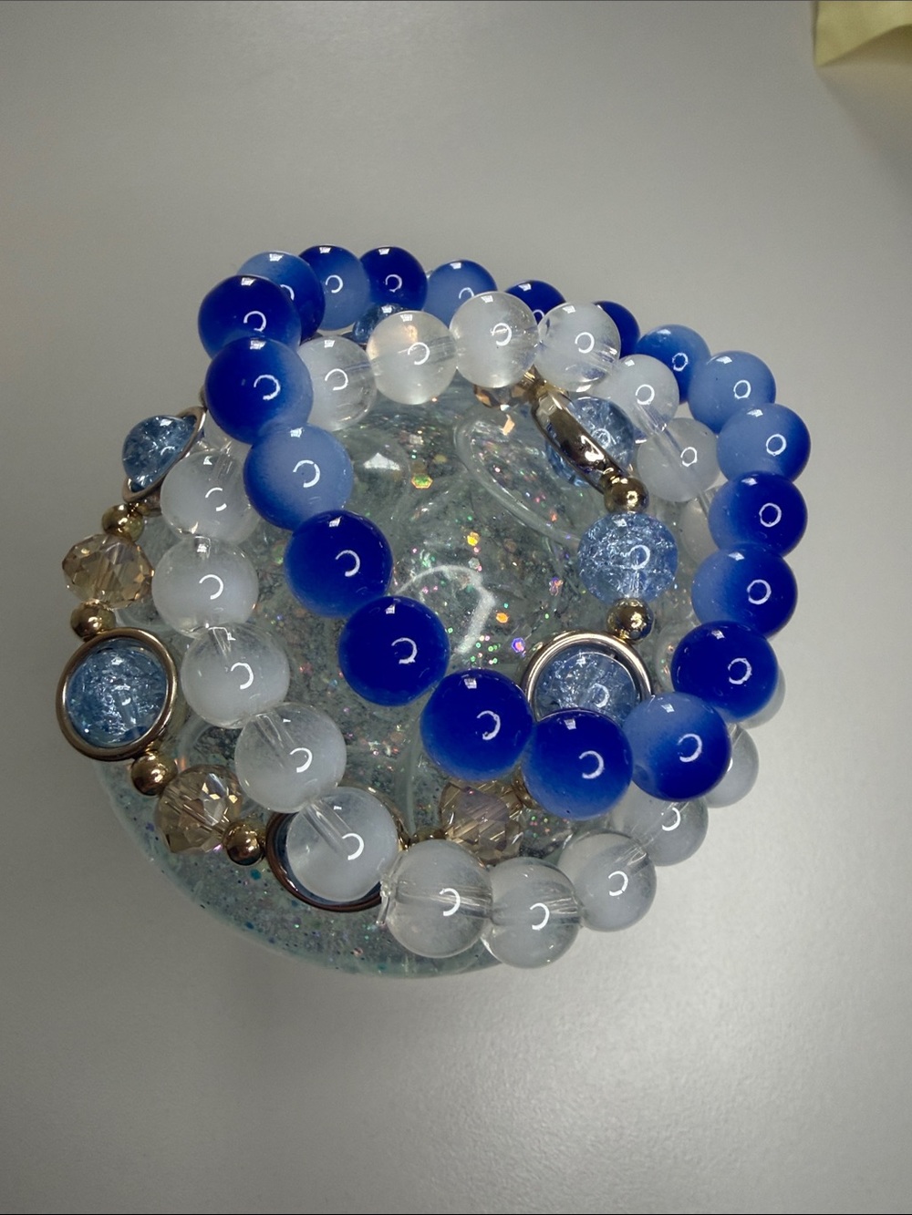 Set of 3 Women's Beaded Stretch Bracelets - Blue, Clear, and Light Blue
